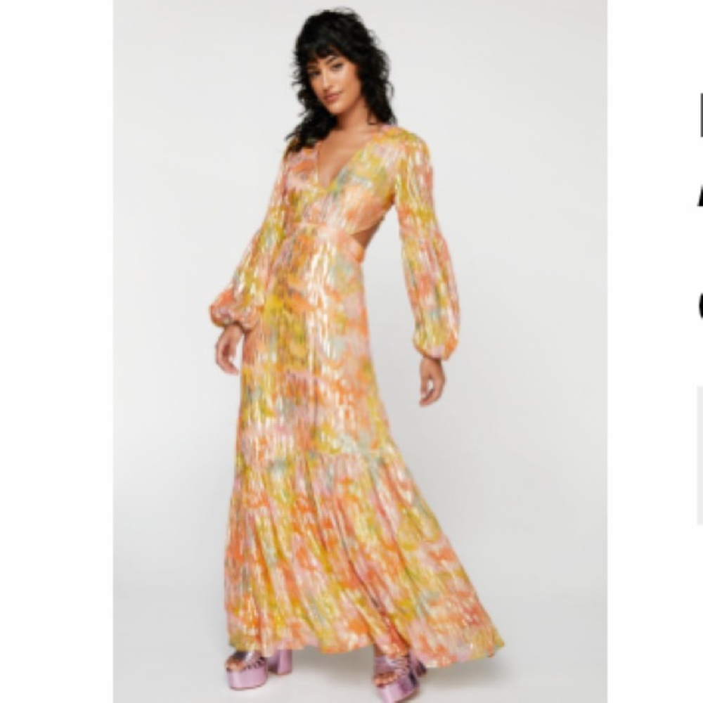 Nasty Gal Metallic Blurred Floral Open Back Maxi Dress
